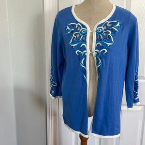 Bob Mackie wearable art cardigan sweater embellished cut out blue women size M